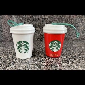 Starbucks 2015 Christmas Ornament Red & White Ceramic To Go Tumbler Cup Holiday
